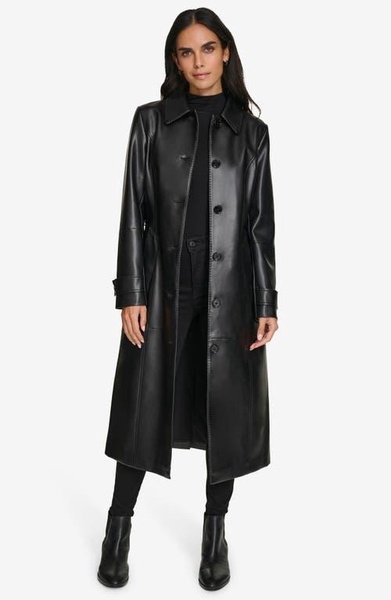 Women's Belted Faux-Leather Trench Coat