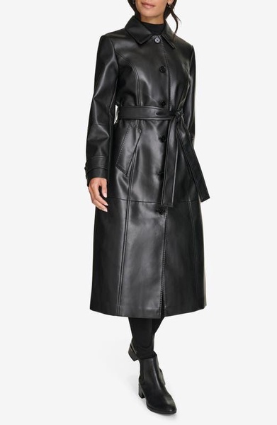 Women's Belted Faux-Leather Trench Coat