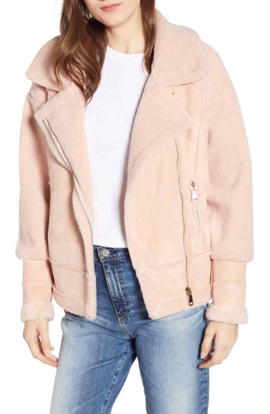 anne shearling biker jacket in pink