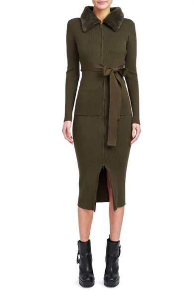 long sleeve belted midi dress with faux fur collar in olive