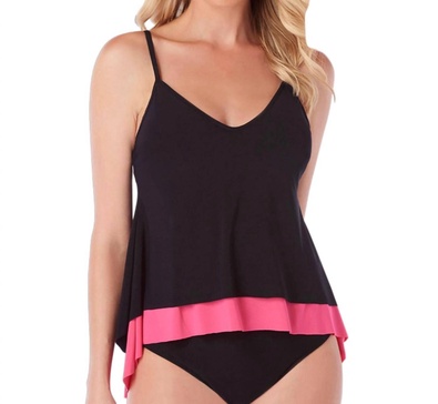 underwire jolene layered tankini top in black and watermelon