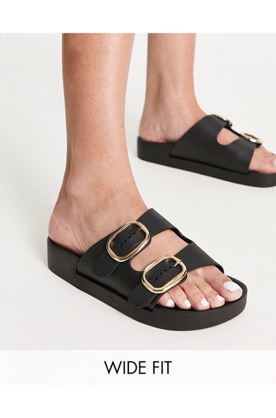 London Rebel wide fit double buckle footbed sandals in black