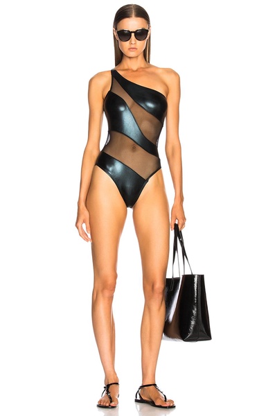 Snake paneled mesh one-shoulder swimsuit