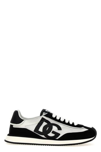 'DG Cushion' White and Black Low Top Sneakers with Logo Print in Mixed Materials Woman