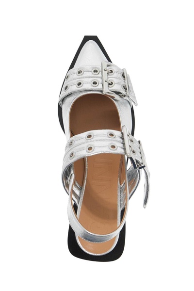 ganni silver slingback ballet flat shoe with buckles