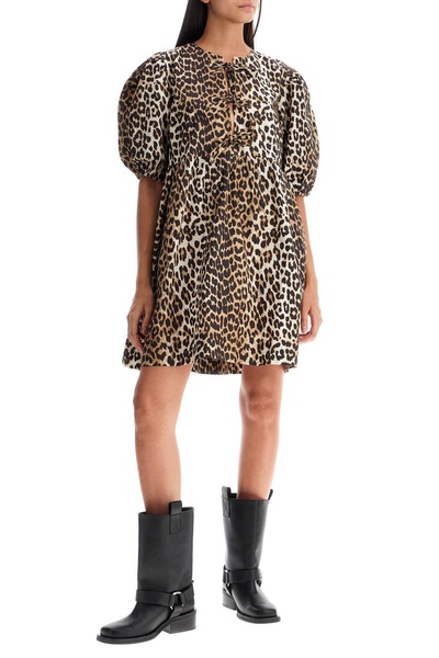 Ganni Leopard Printed Balloon Sleeved Mini Dress