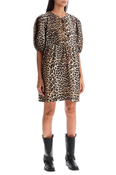 Ganni Leopard Printed Balloon Sleeved Mini Dress