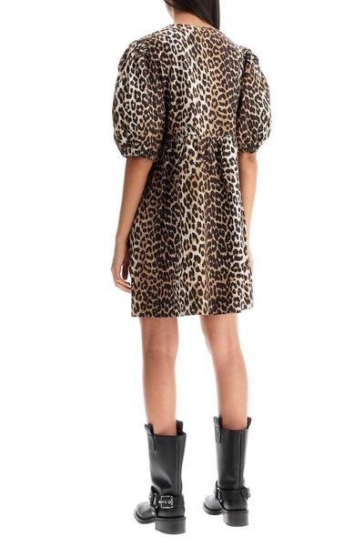 Ganni Leopard Printed Balloon Sleeved Mini Dress