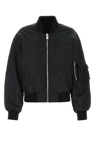 GIVENCHY Black Nylon Bomber Jacket with Logo Lettering and Multiple Pockets