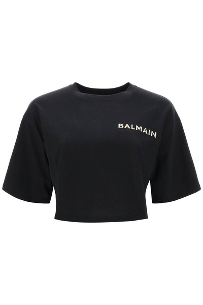 Balmain Cropped T Shirt With Metallic Logo