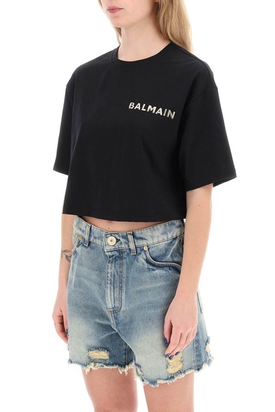 Balmain Cropped T Shirt With Metallic Logo