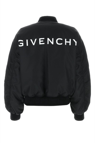 GIVENCHY Black Nylon Bomber Jacket with Logo Lettering and Multiple Pockets