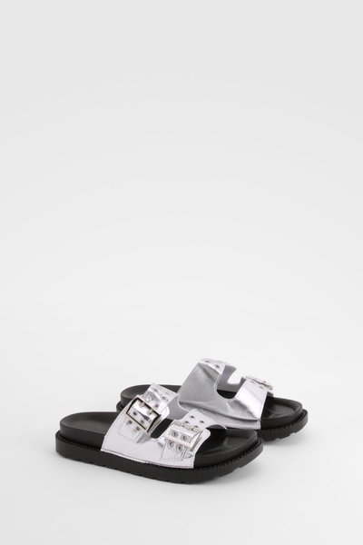 Metallic Stud Detail Footbed Buckle Sliders      