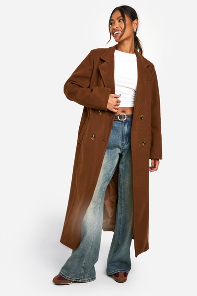 Longline Double Breasted Belted Wool Look Coat