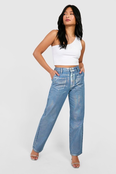 Petite Iridescent Metallic Coated Straight Leg Jeans