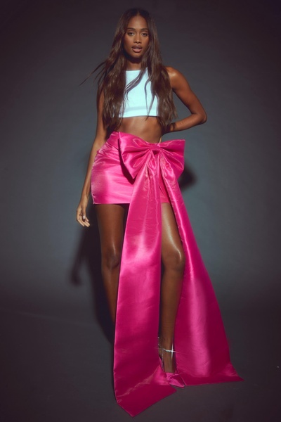 Premium Structured Bow Draped Satin Mini Skirt