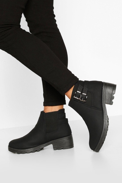 Wide Width Buckle Detail Block Heel Chelsea Boots