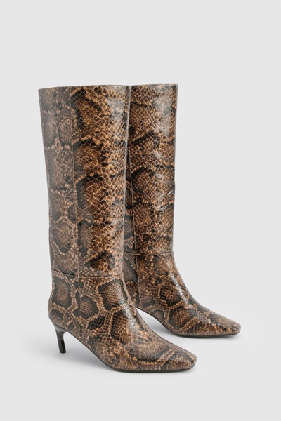 Snake Print Low Square Toe Knee High Boots