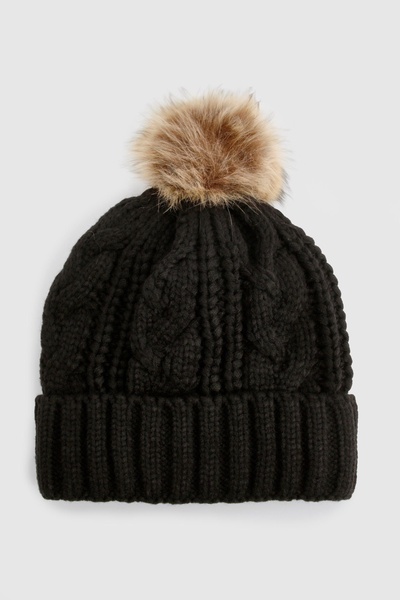 Cable Knit Faux Fur Pom Beanie