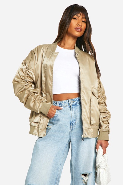 Satin Utility Pocket Detail Bomber Jacket 