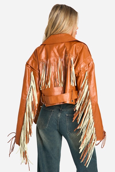 Fringe Detail Belted Faux Leather Biker Jacket