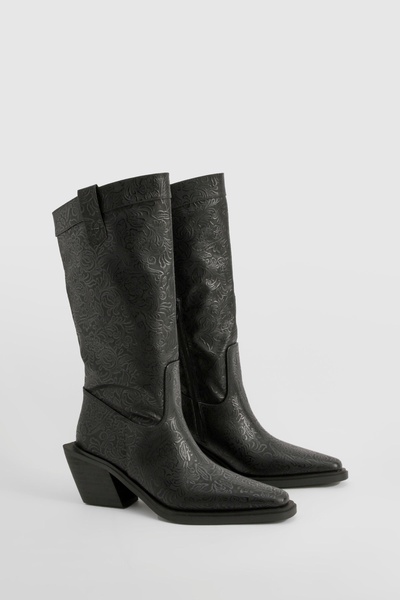 Embossed Pointed Western Knee High Boots 