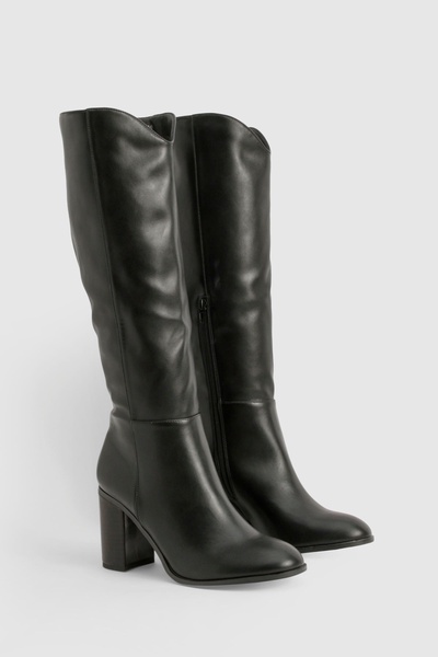 Wooden Stack Heel Detail Knee High Boots 