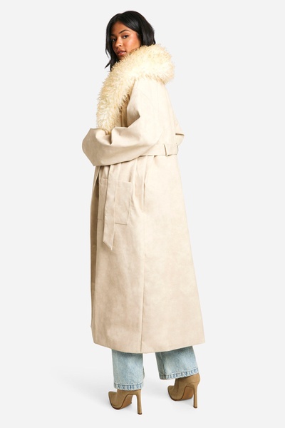 Tall Faux Fur Collar Vintage Look Faux Leather Trench Coat