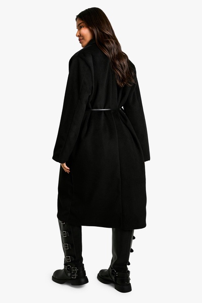 Faux Leather Belt Wool Look Coat