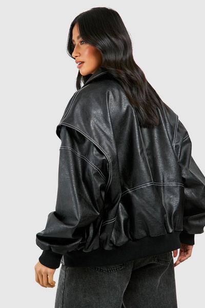 Petite Pu Contrast Stitch Oversized Bomber Jacket