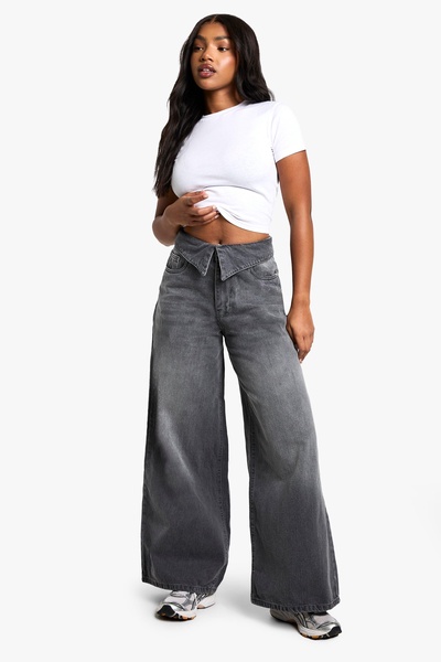 Washed Grey Foldover Waistband Wide Leg Denim Jean