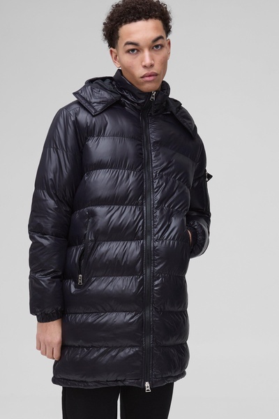 Longline High Shine Hooded Puffer Jacket in Black