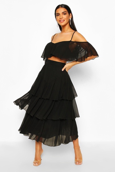 Chiffon Shoulder Top & Ruffle Midi Skirt Two-Piece Set