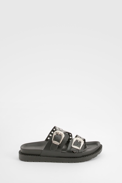 Western Buckle Eyelet Chunky Slides