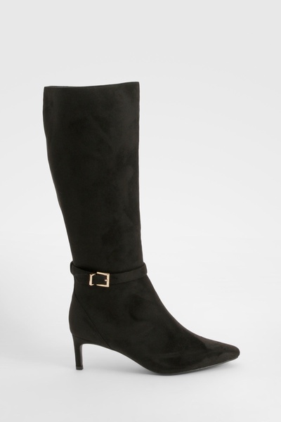 Wide Width Buckle Detail Low Heel Knee High Boots