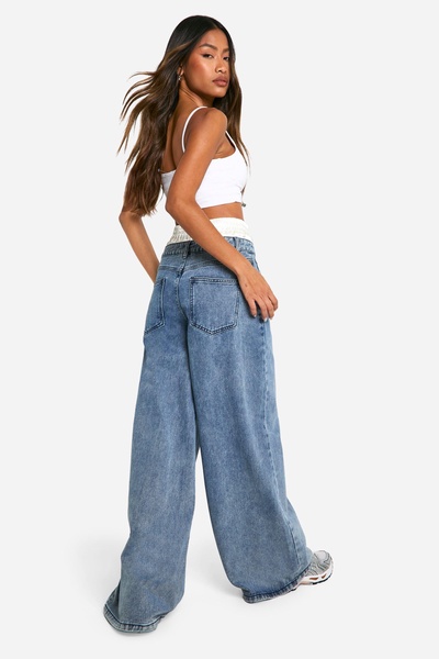 Satin Boxer Detail High Waisted Wide Leg Denim Jean