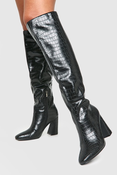 Wide Width Croc Flared Heel Knee High Boots