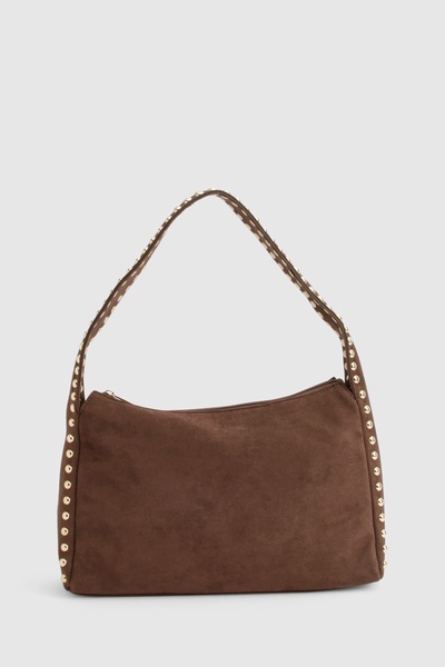 Faux Suede Studded Handle Slouchy Shoulder Bag