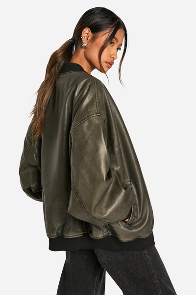 Vintage Look Oversized Faux Leather Bomber Jacket 