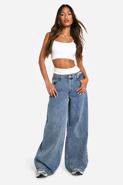 Satin Boxer Detail High Waisted Wide Leg Denim Jean