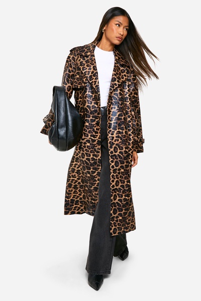 Leopard Faux Leather Trench Coat