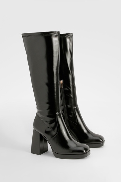 Wide Width Platform Block Heel Knee High Boots