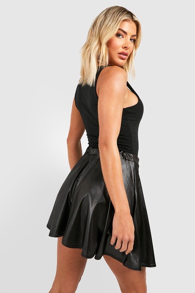 High Waisted Faux Leather Skater Skirt