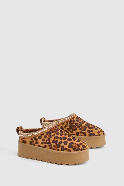 Embroidered Leopard Platform Cosy Mules