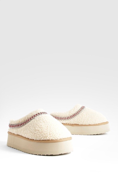 Borg Embroidered Platform Cozy Mules