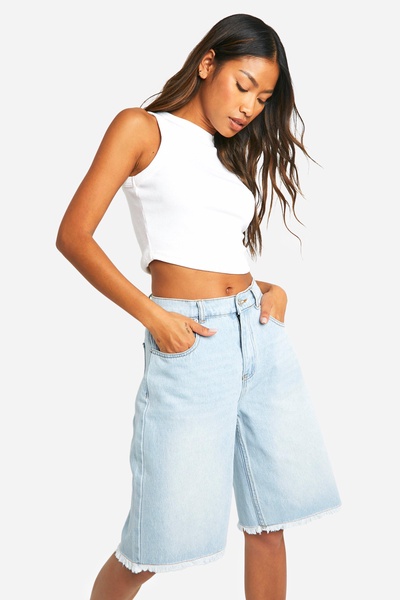 Faded Fray Hem Longline Denim Jorts