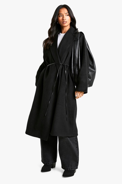 Petite Faux Leather Belt Wool Look Coat