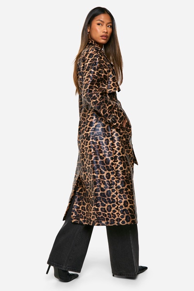 Leopard Faux Leather Trench Coat