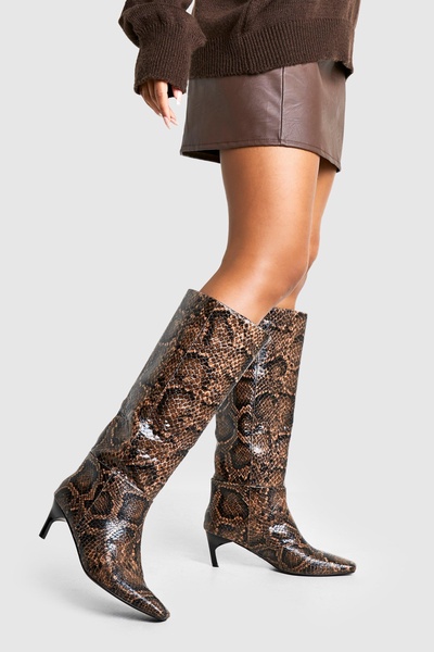 Snake Print Low Square Toe Knee High Boots