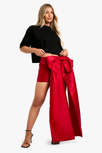 Premium Structured Bow Draped Satin Mini Skirt  